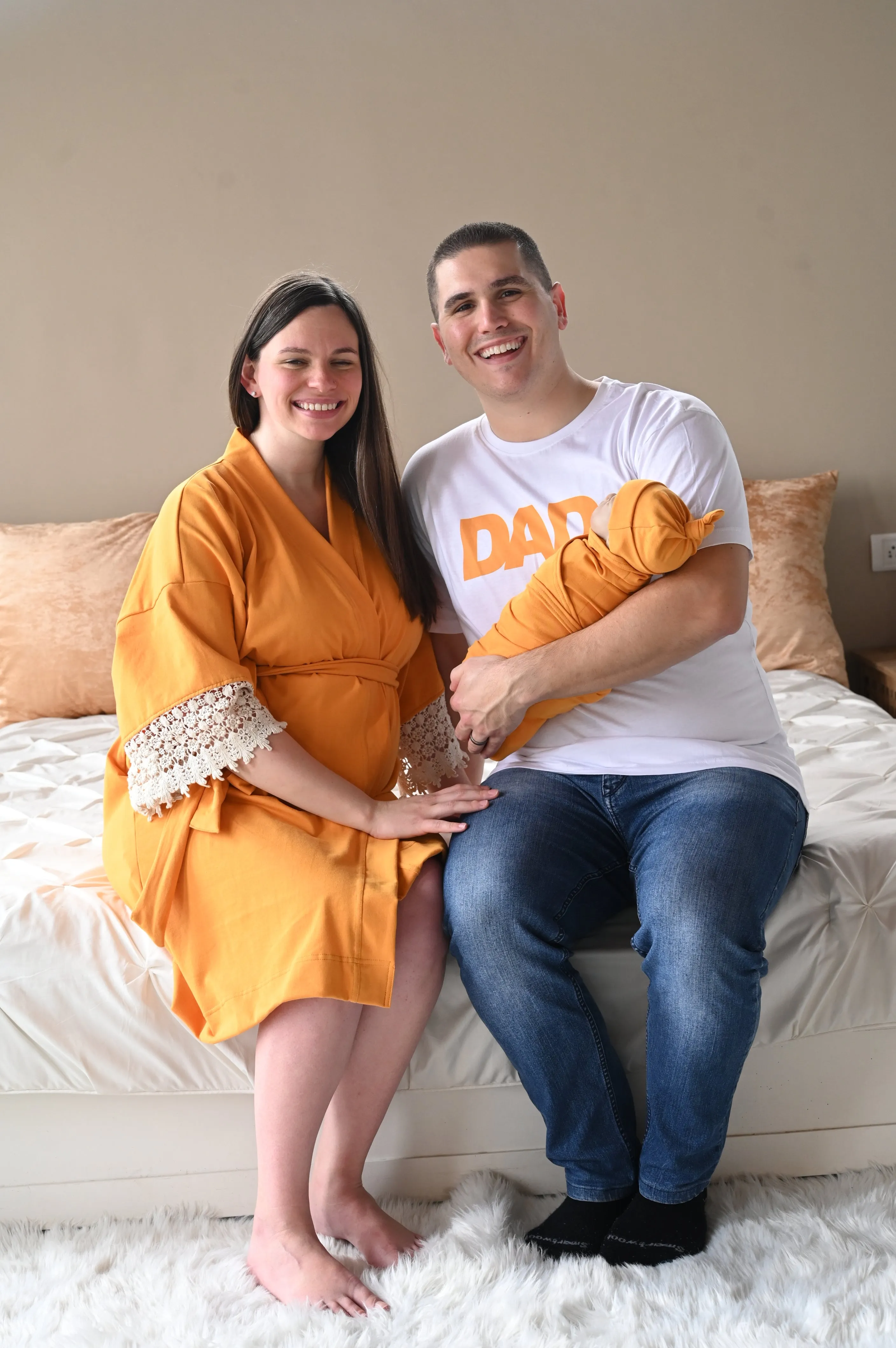 Burnt Yellow Robe swaddle personalized hat with matching dad shirt