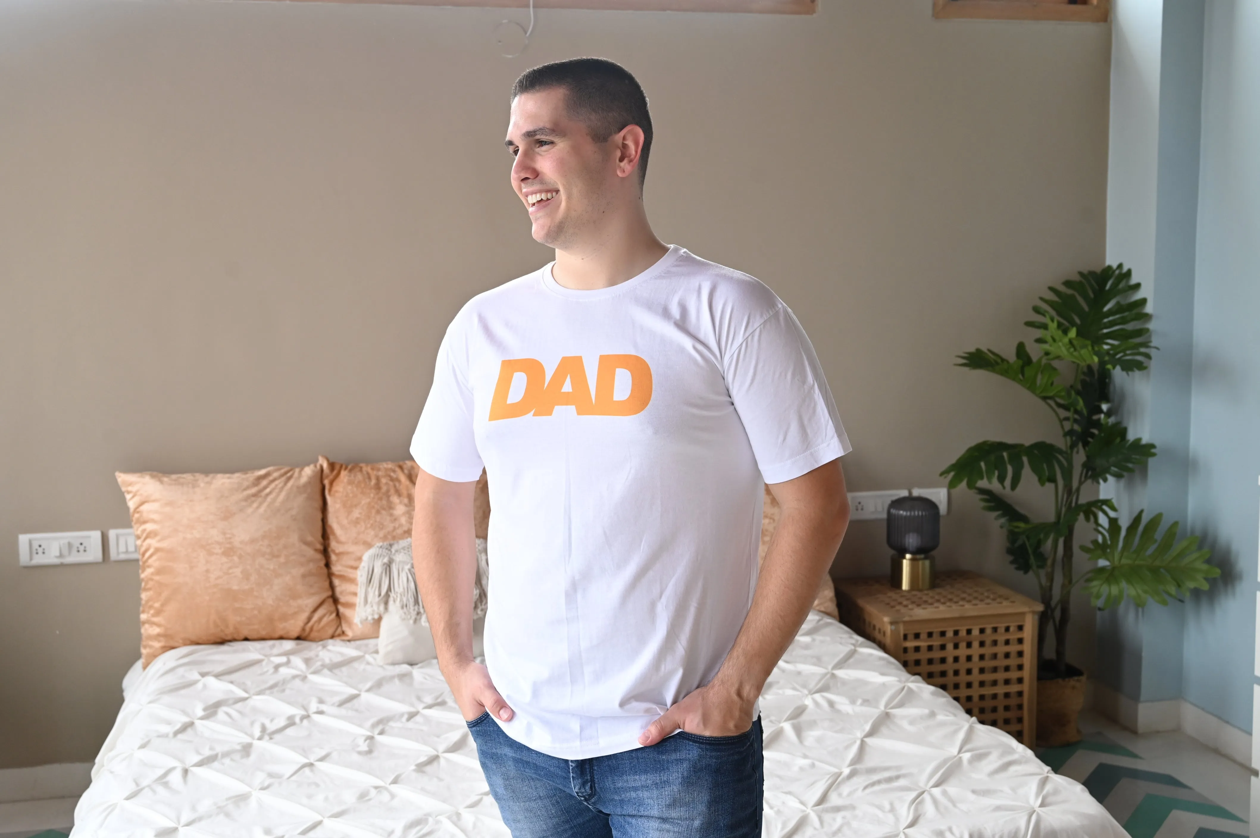 Burnt Yellow Robe swaddle personalized hat with matching dad shirt