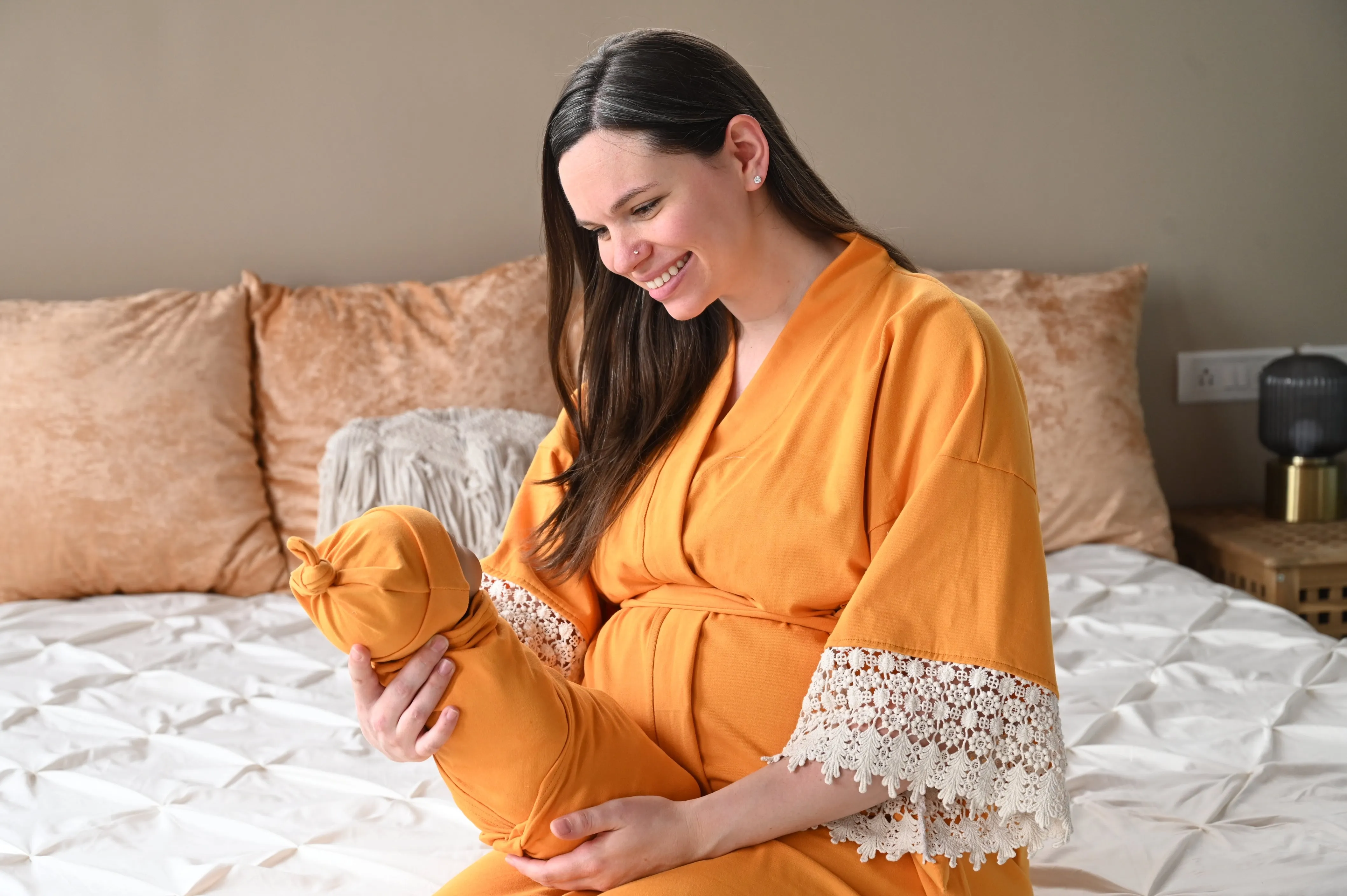 Burnt Yellow Robe swaddle personalized hat with matching dad shirt