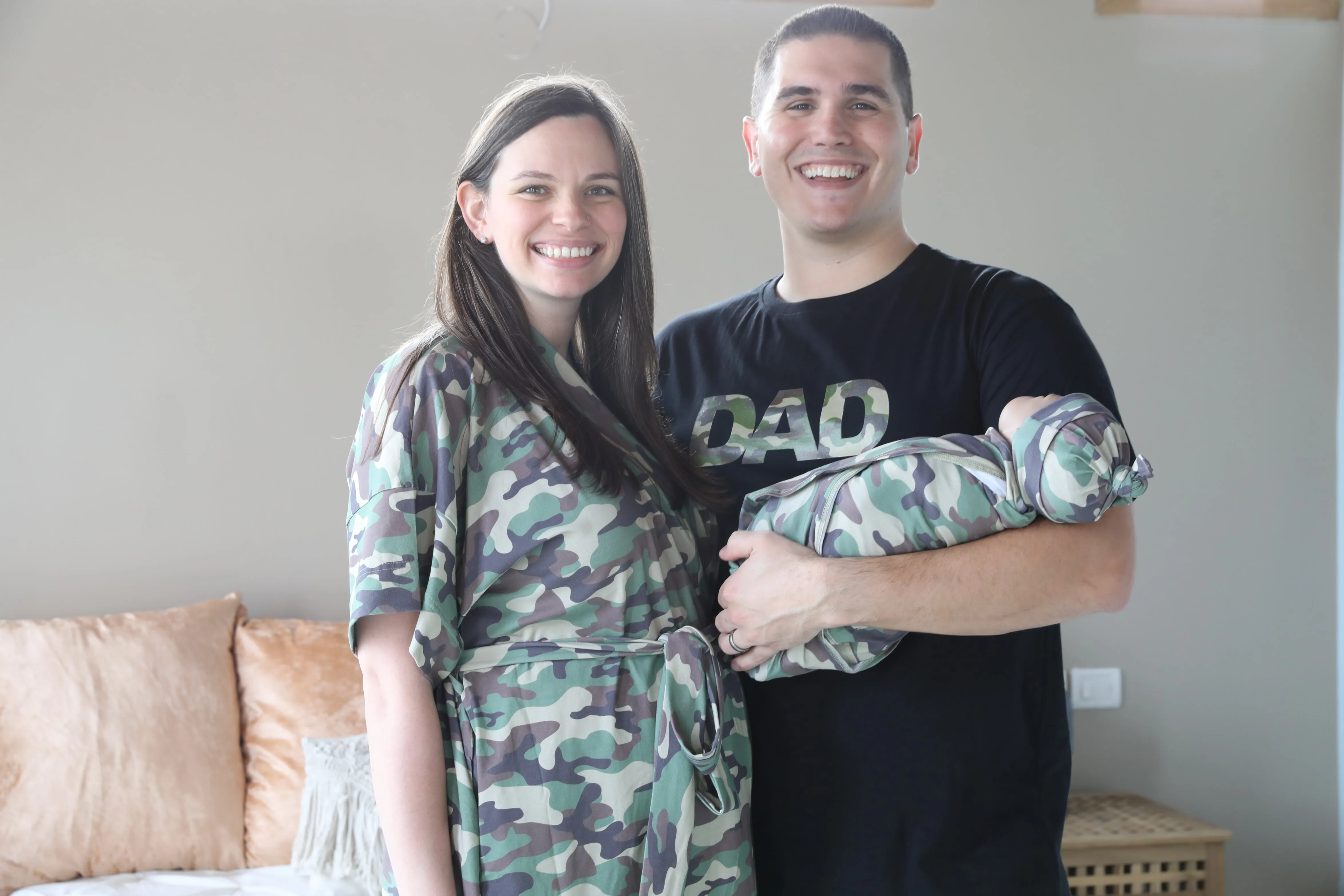 Camo Robe swaddle personalized hat with matching dad shirt