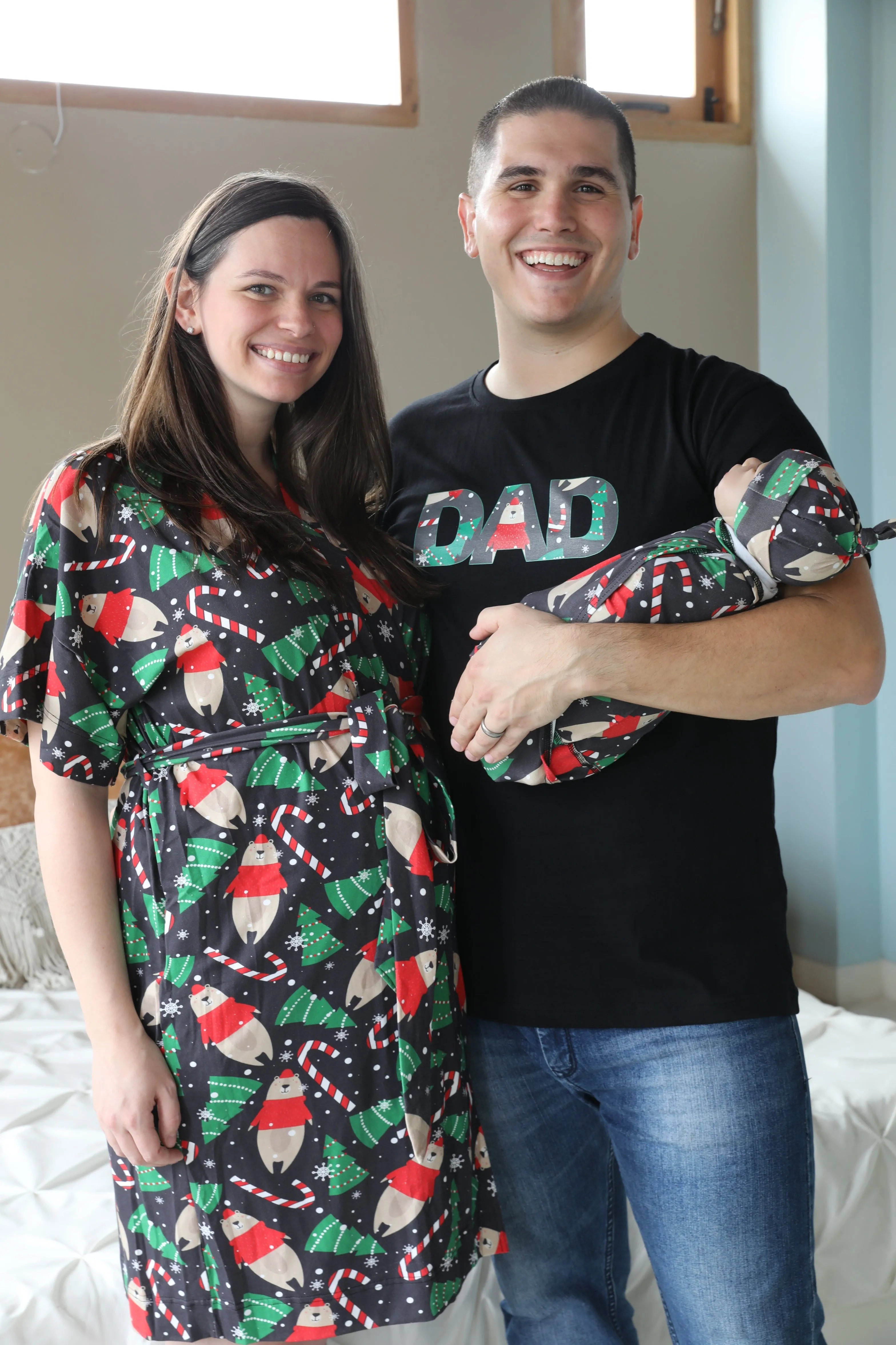 Candycane Robe swaddle personalized hat with matching dad shirt