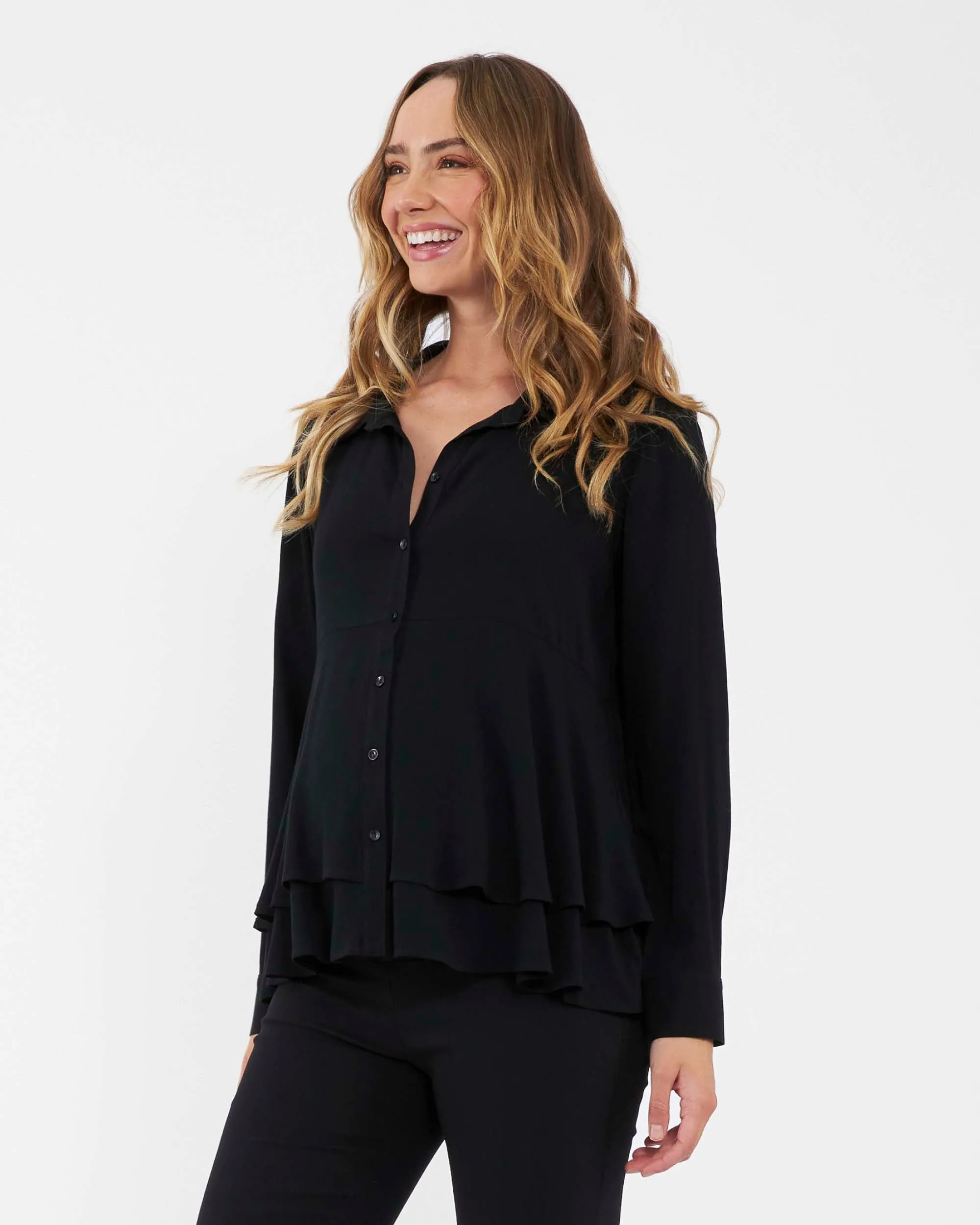 'Evelyn' Maternity Peplum Shirt - Black
