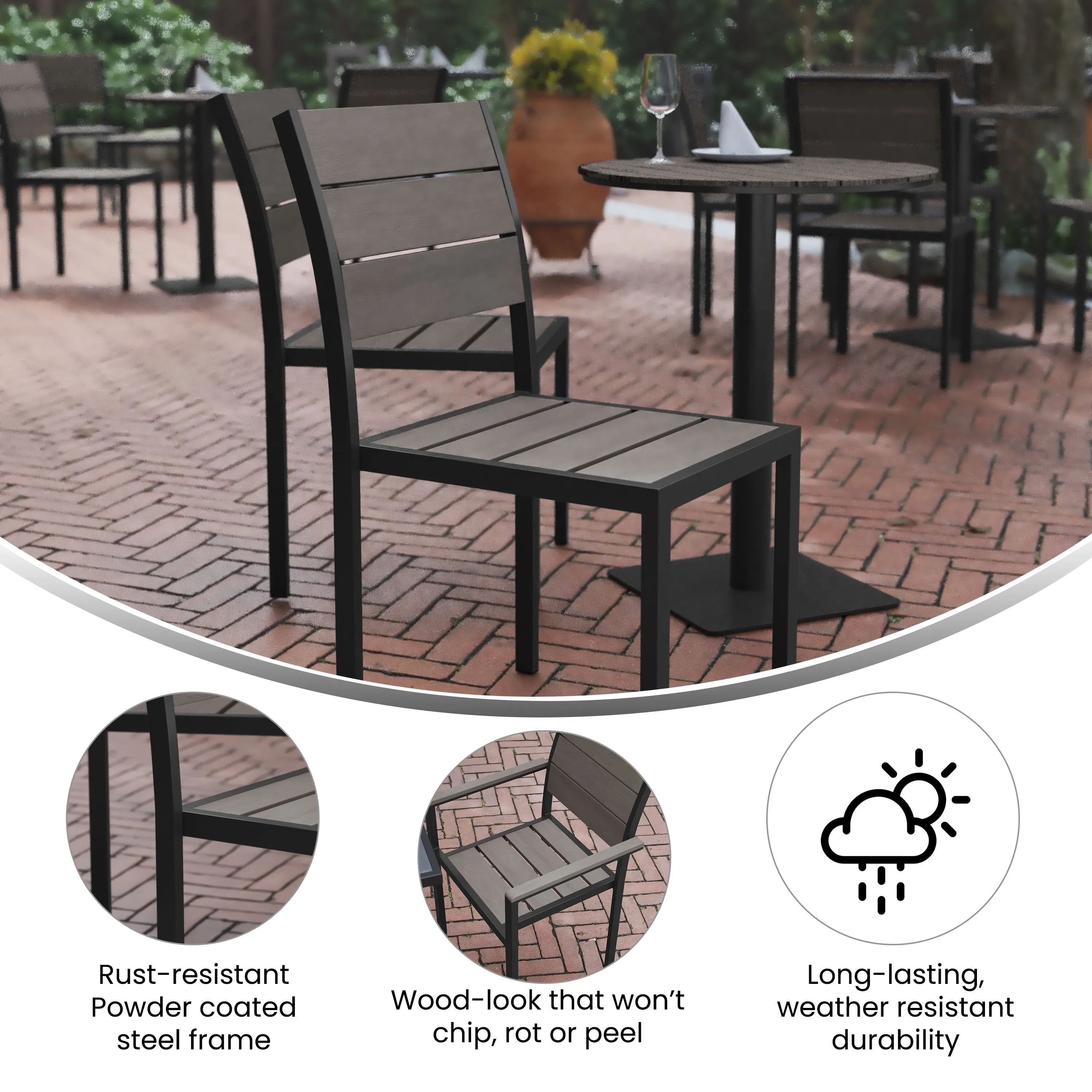 Finch Commercial Grade Armless Patio Chair, Stackable Side Chair with Faux Teak Poly Slats and Metal Frame