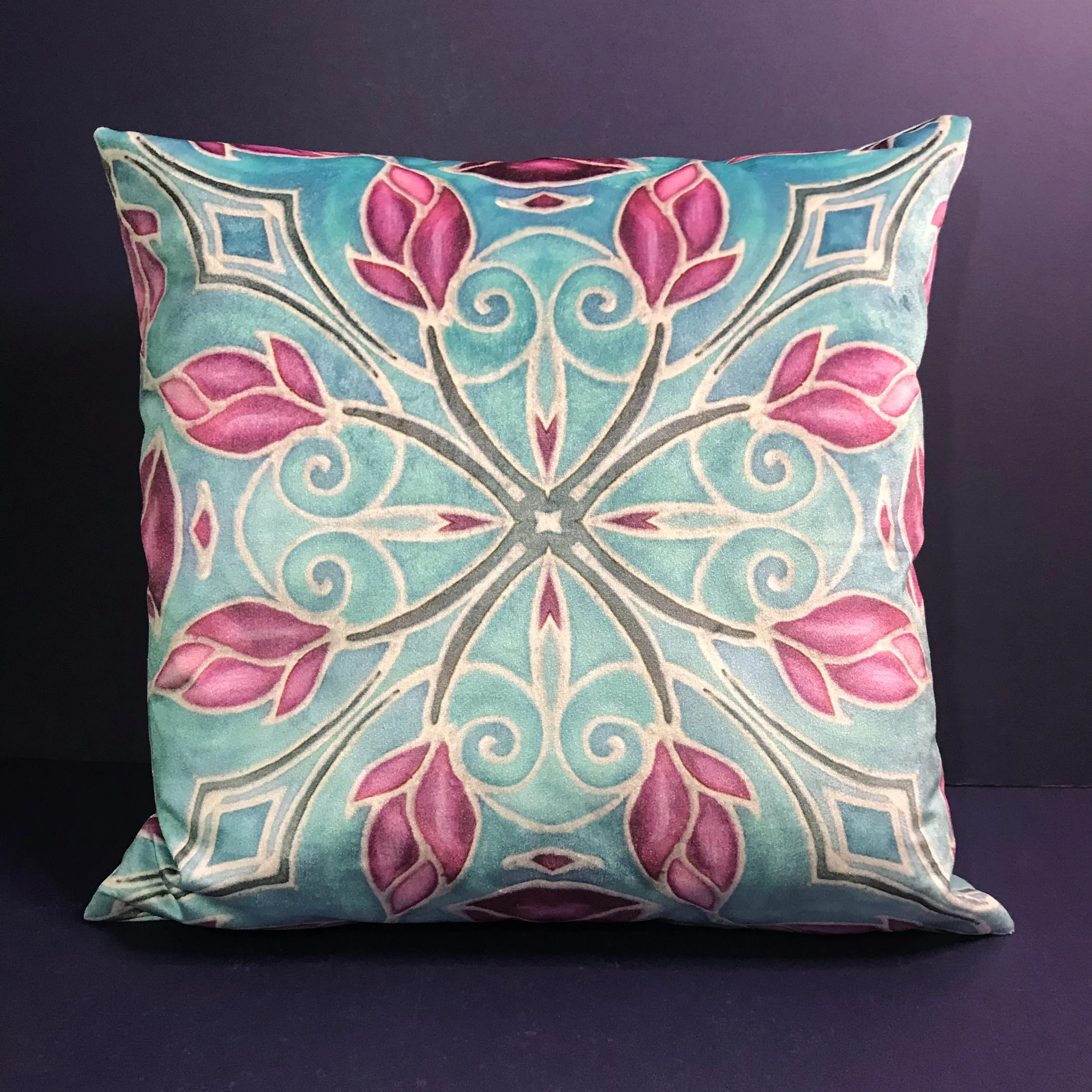 Folk Art Sky Blue and  Pink Magnolias Luxury Velvet Cushions, High Quality Decor Throw Pillows
