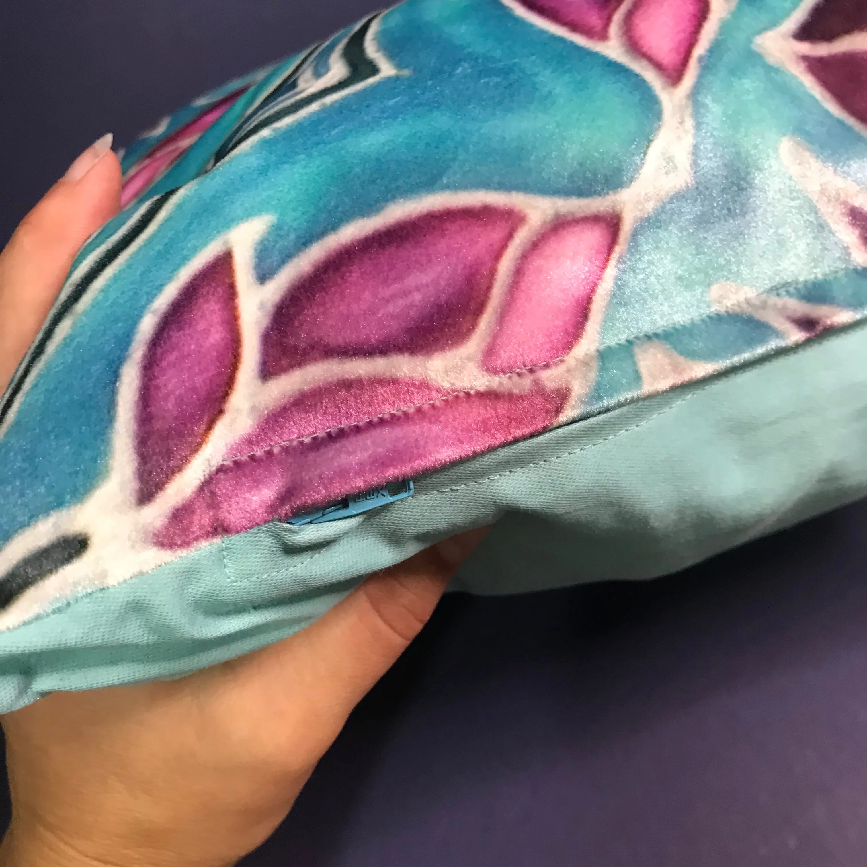 Folk Art Sky Blue and  Pink Magnolias Luxury Velvet Cushions, High Quality Decor Throw Pillows
