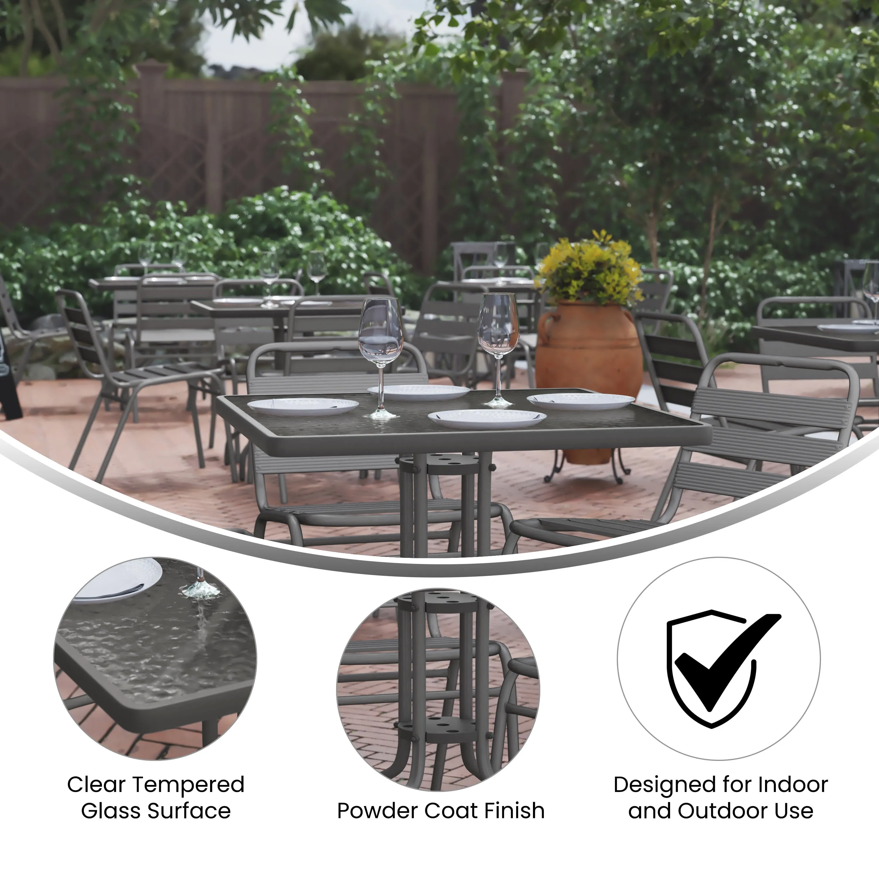 Lila 31.5'' Square Glass Metal Table with 4 Metal Aluminum Slat Stack Chairs