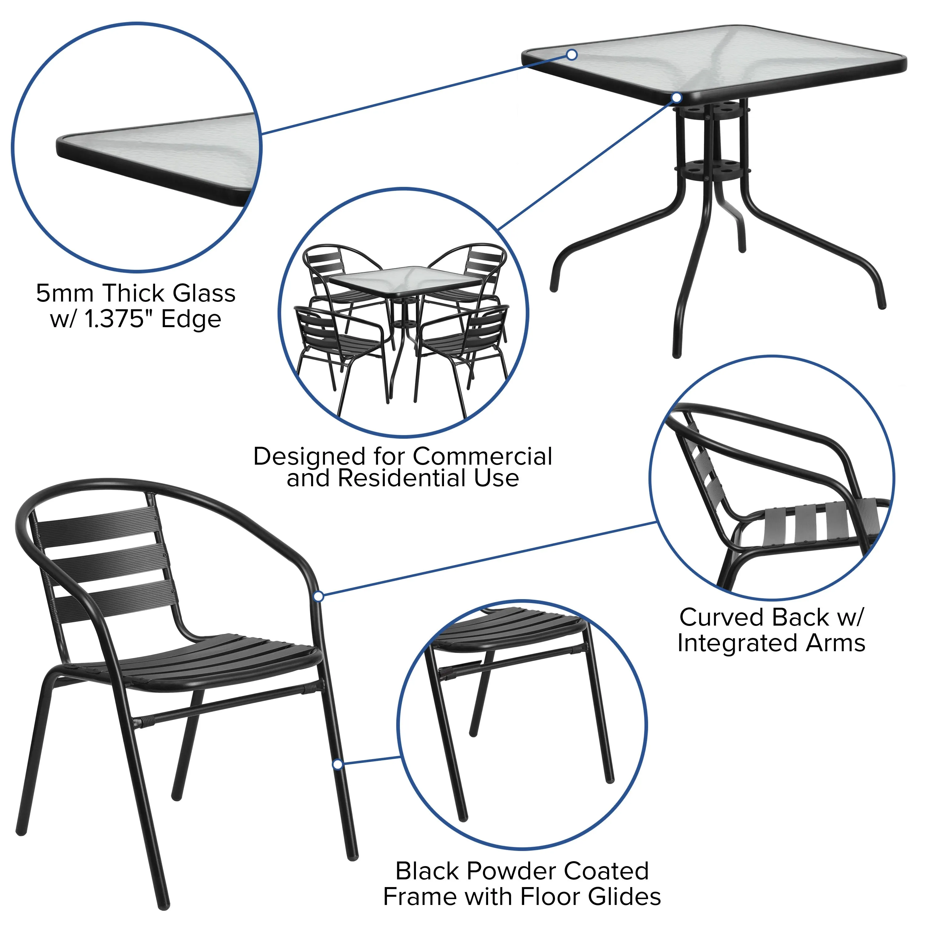 Lila 31.5'' Square Glass Metal Table with 4 Metal Aluminum Slat Stack Chairs