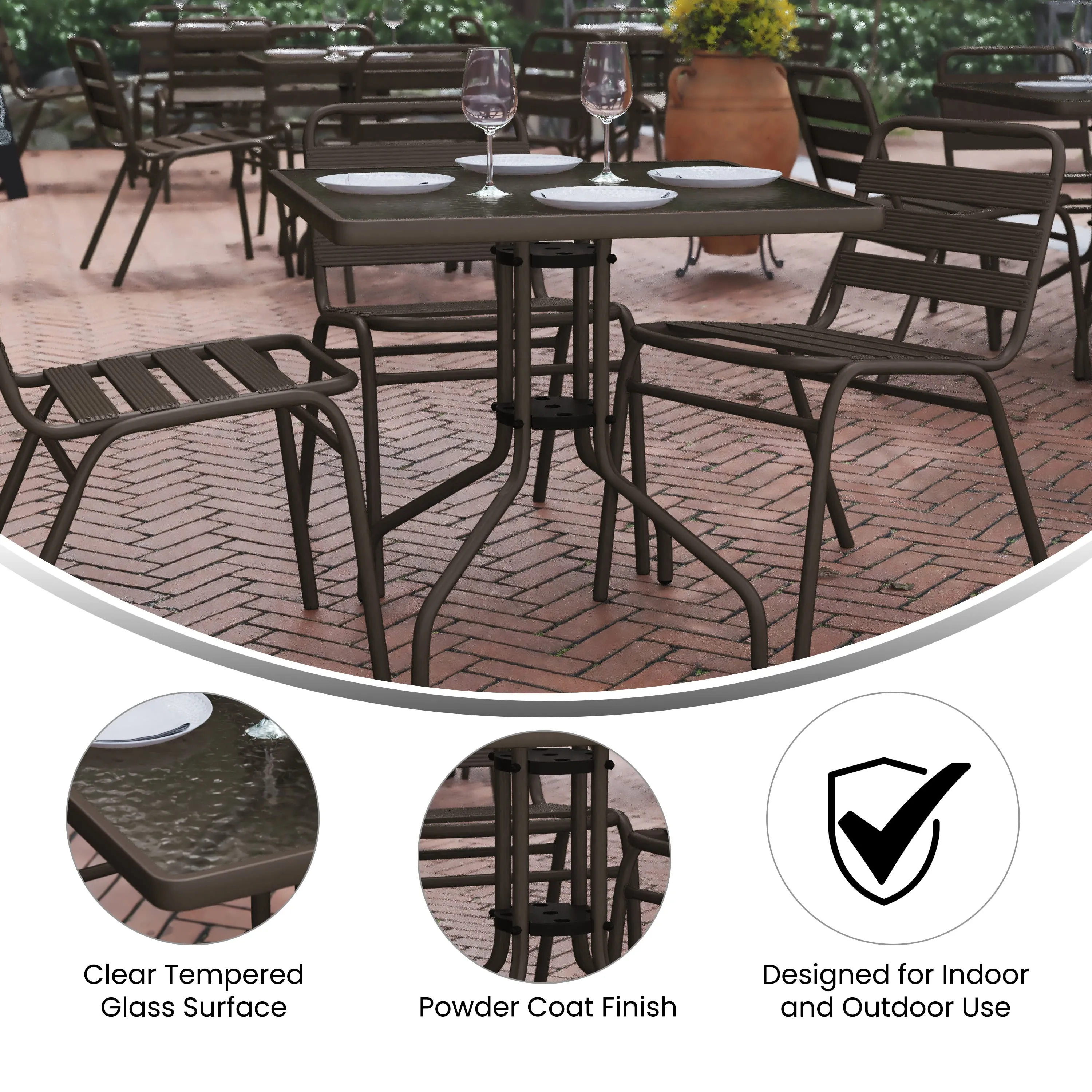 Lila 31.5'' Square Glass Metal Table with 4 Metal Aluminum Slat Stack Chairs