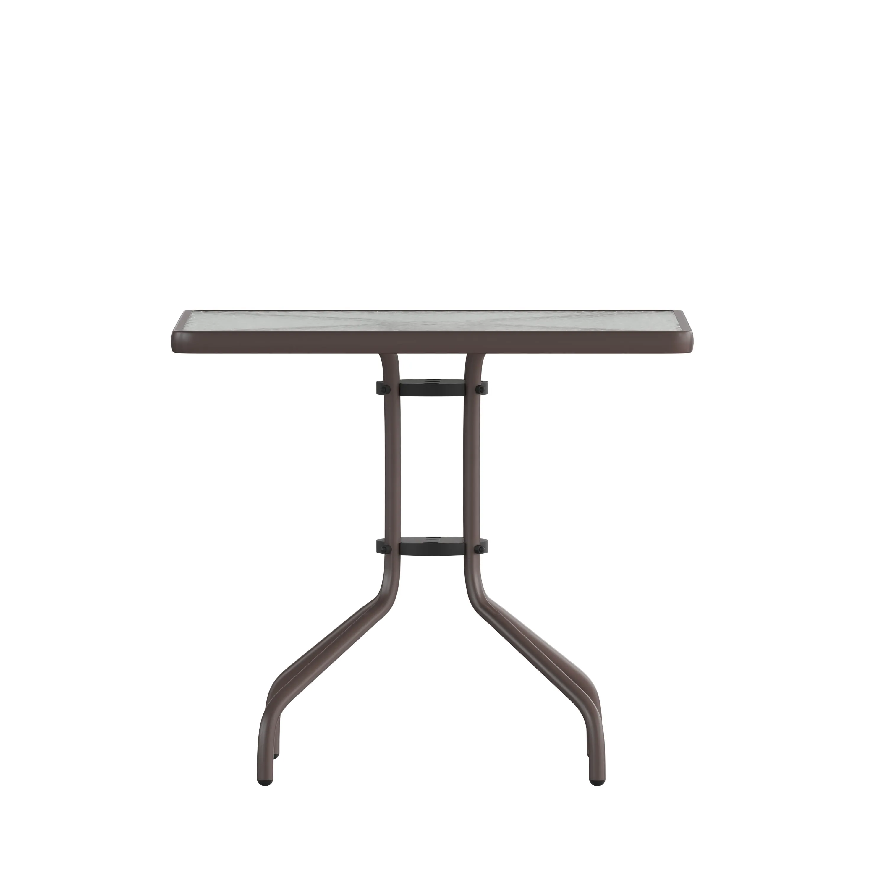 Lila 31.5'' Square Glass Metal Table with 4 Metal Aluminum Slat Stack Chairs