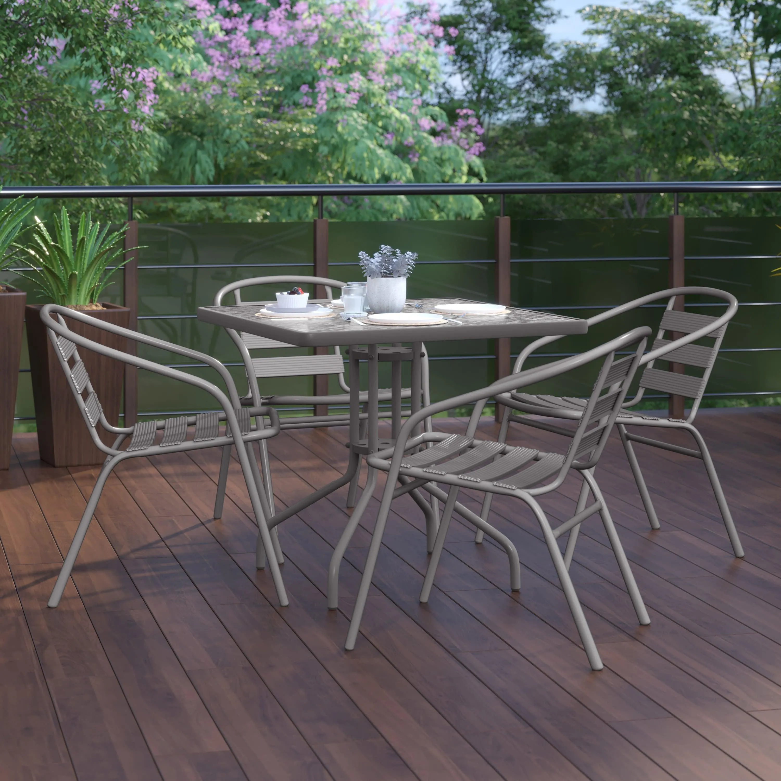 Lila 31.5'' Square Glass Metal Table with 4 Metal Aluminum Slat Stack Chairs