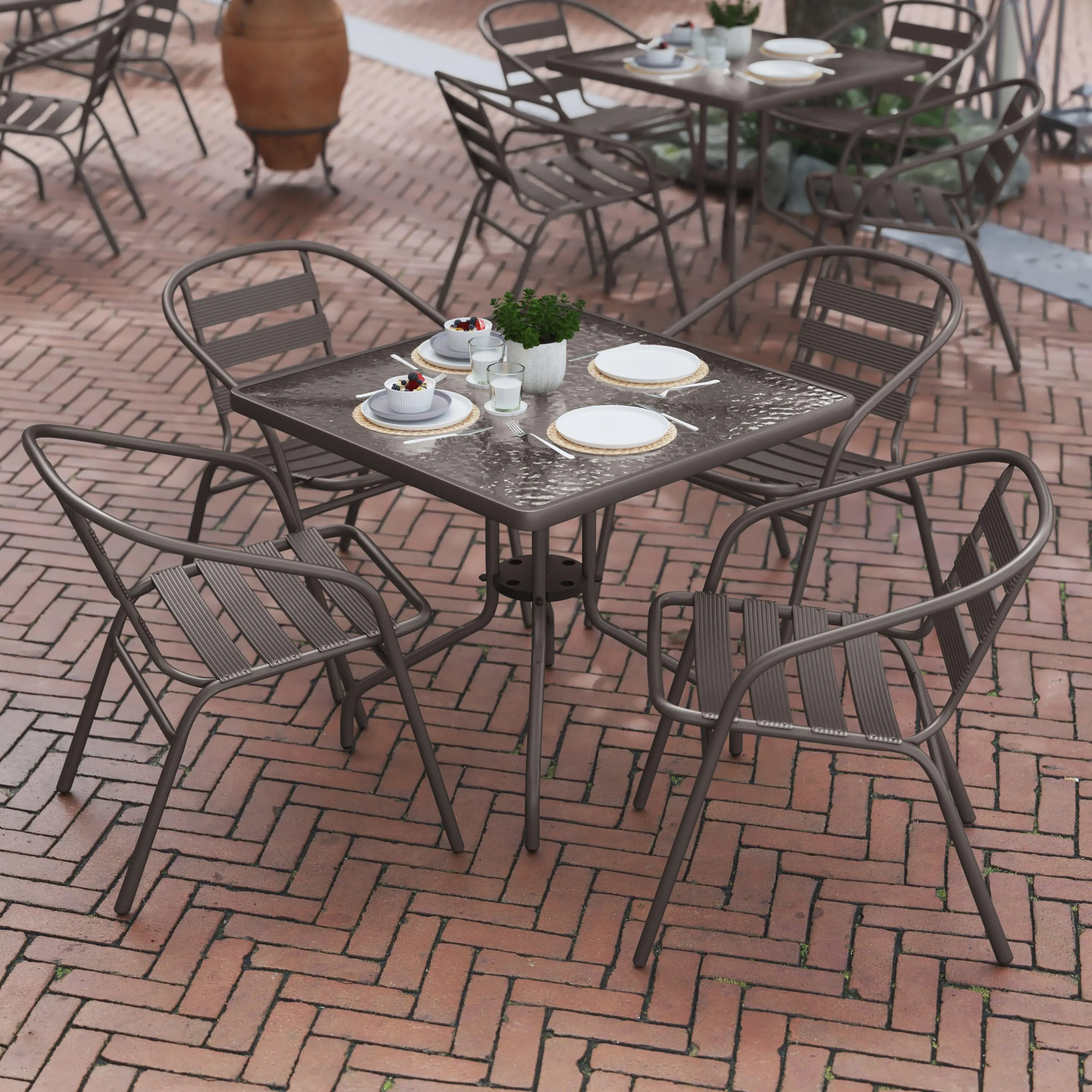 Lila 31.5'' Square Glass Metal Table with 4 Metal Aluminum Slat Stack Chairs