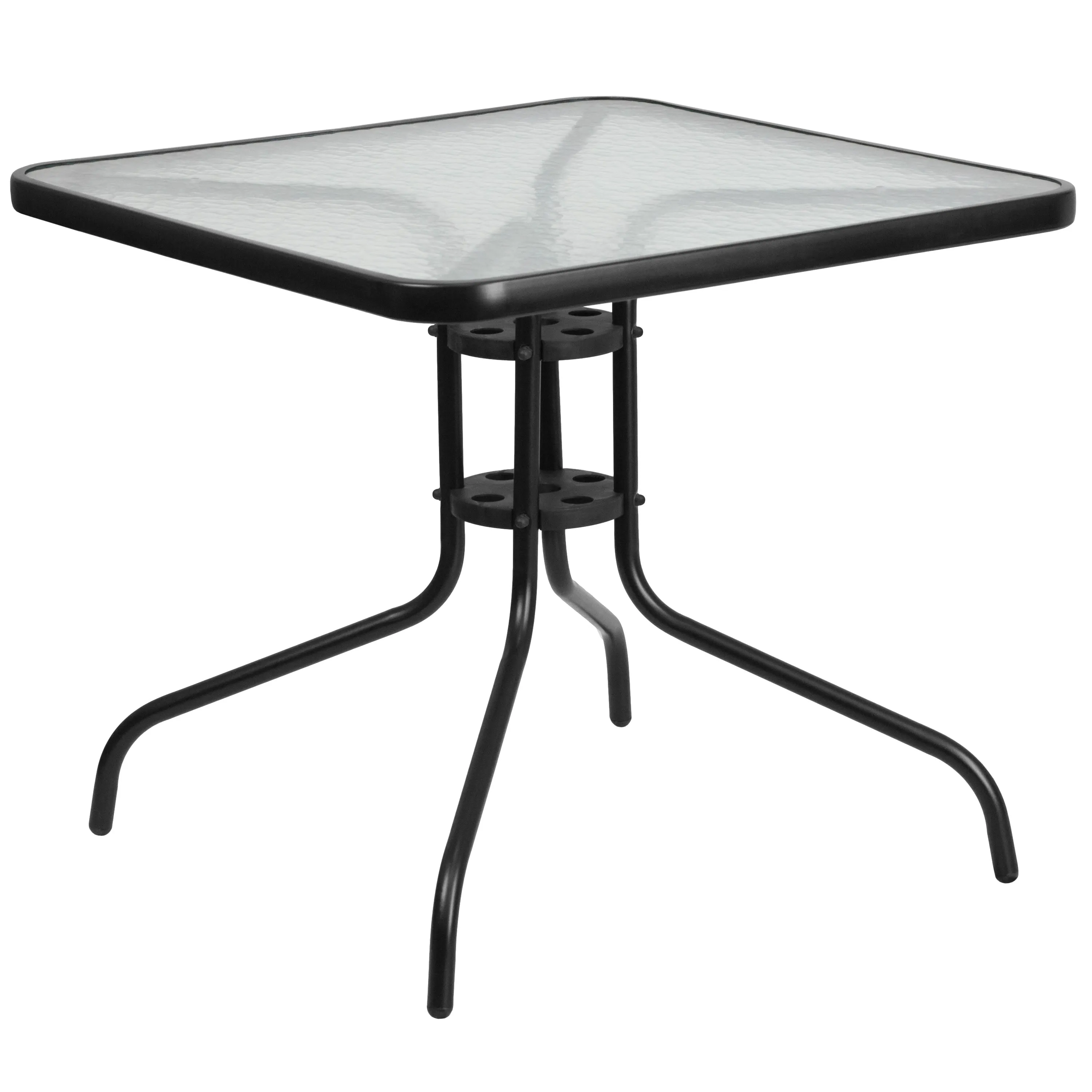 Lila 31.5'' Square Glass Metal Table with 4 Metal Aluminum Slat Stack Chairs