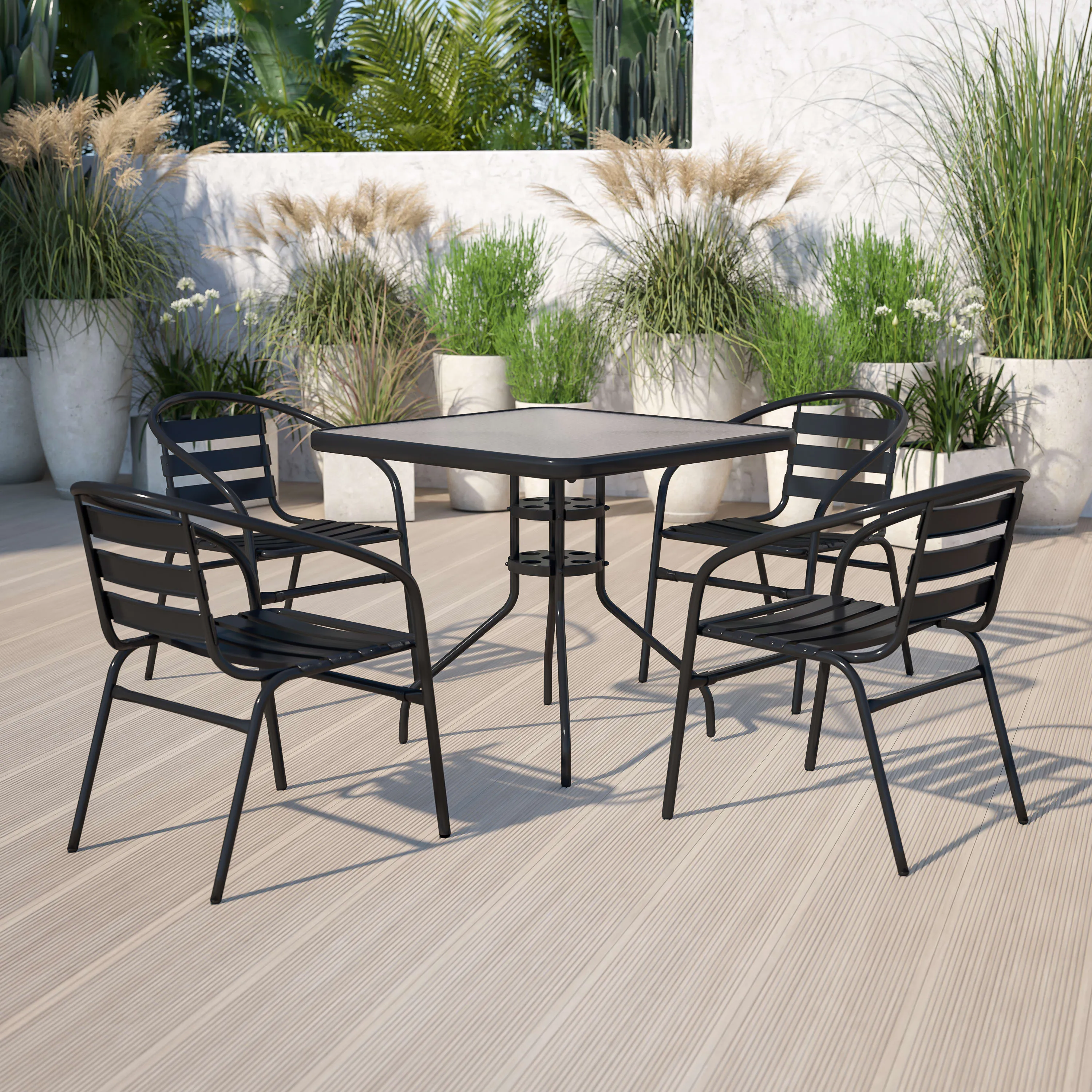 Lila 31.5'' Square Glass Metal Table with 4 Metal Aluminum Slat Stack Chairs