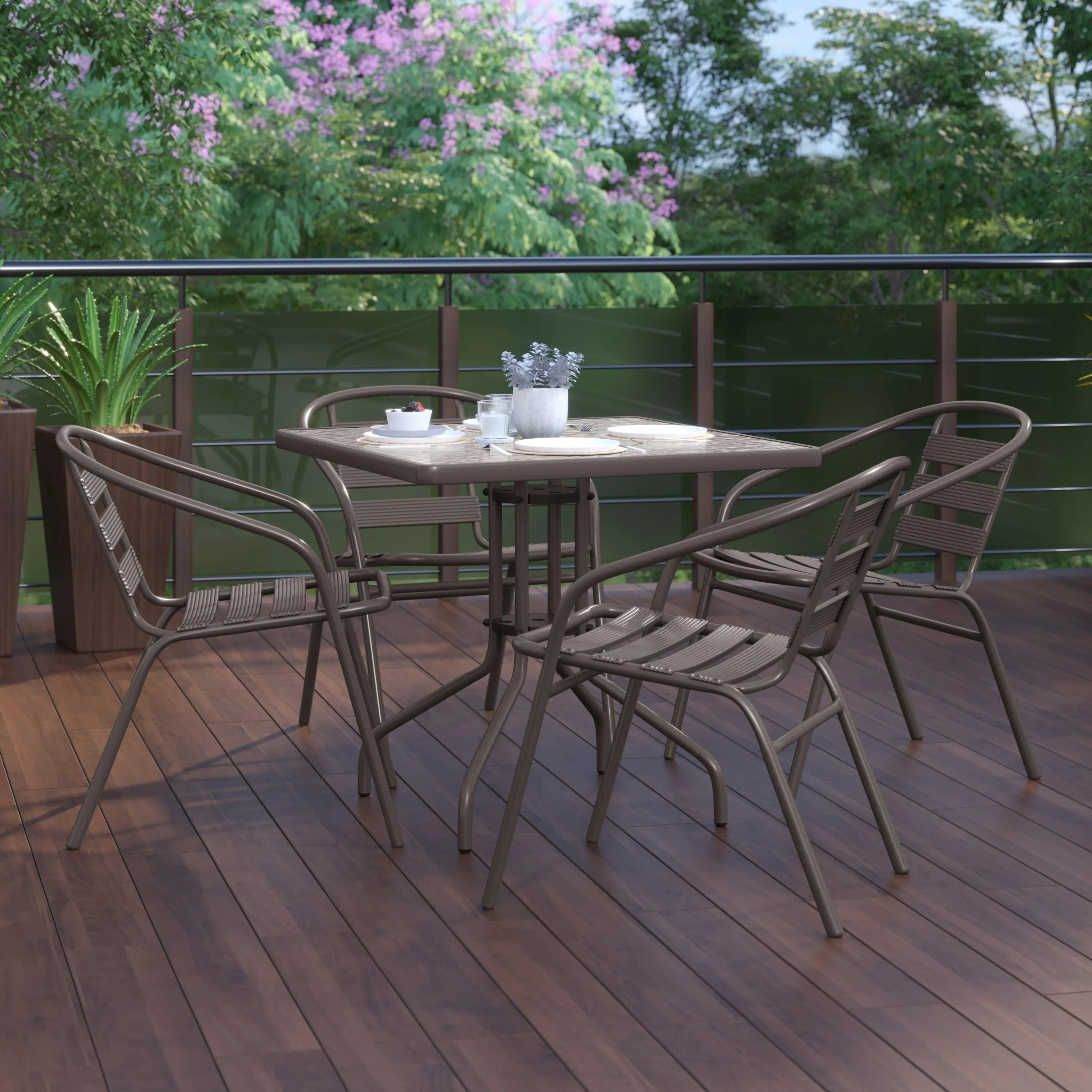 Lila 31.5'' Square Glass Metal Table with 4 Metal Aluminum Slat Stack Chairs