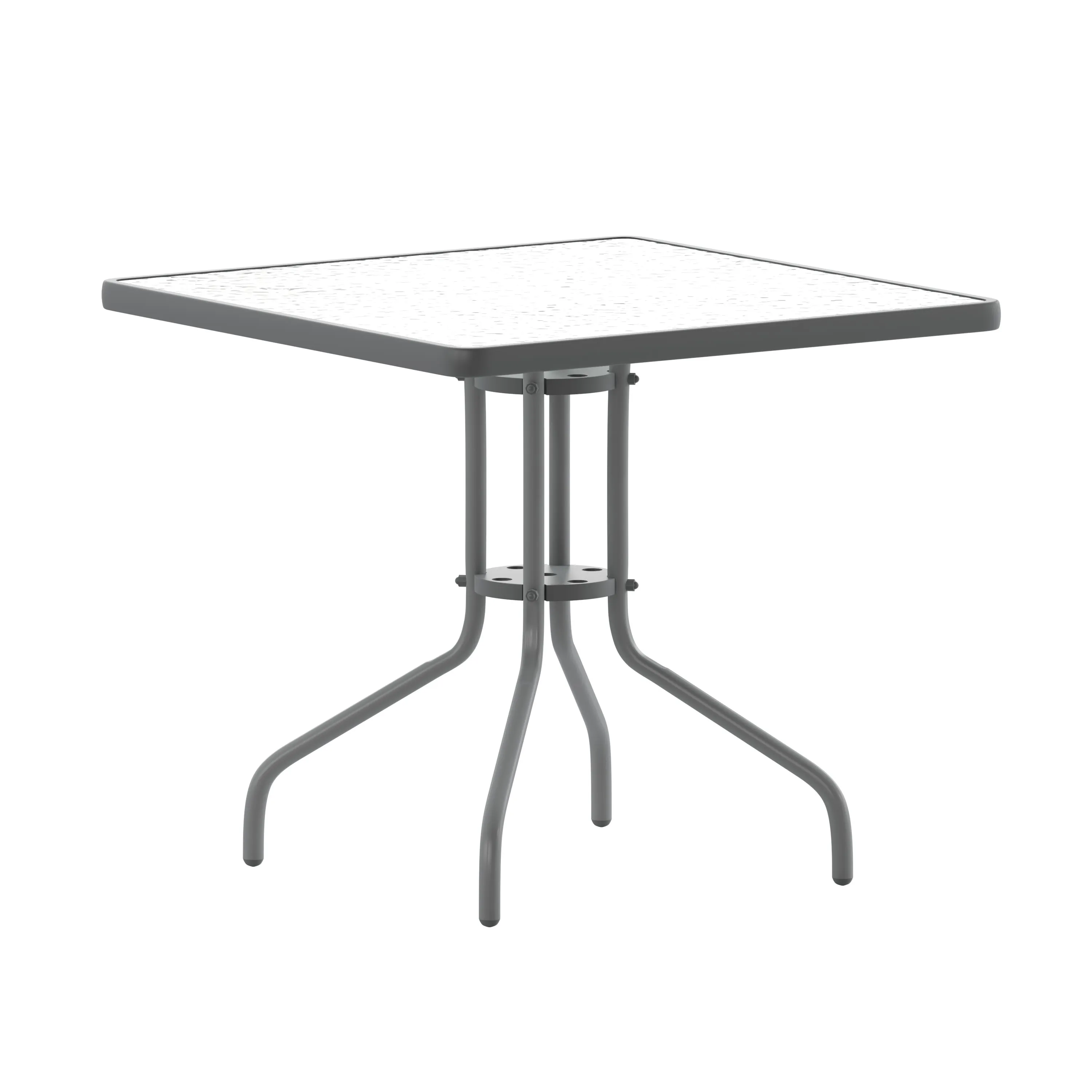 Lila 31.5'' Square Glass Metal Table with 4 Metal Aluminum Slat Stack Chairs