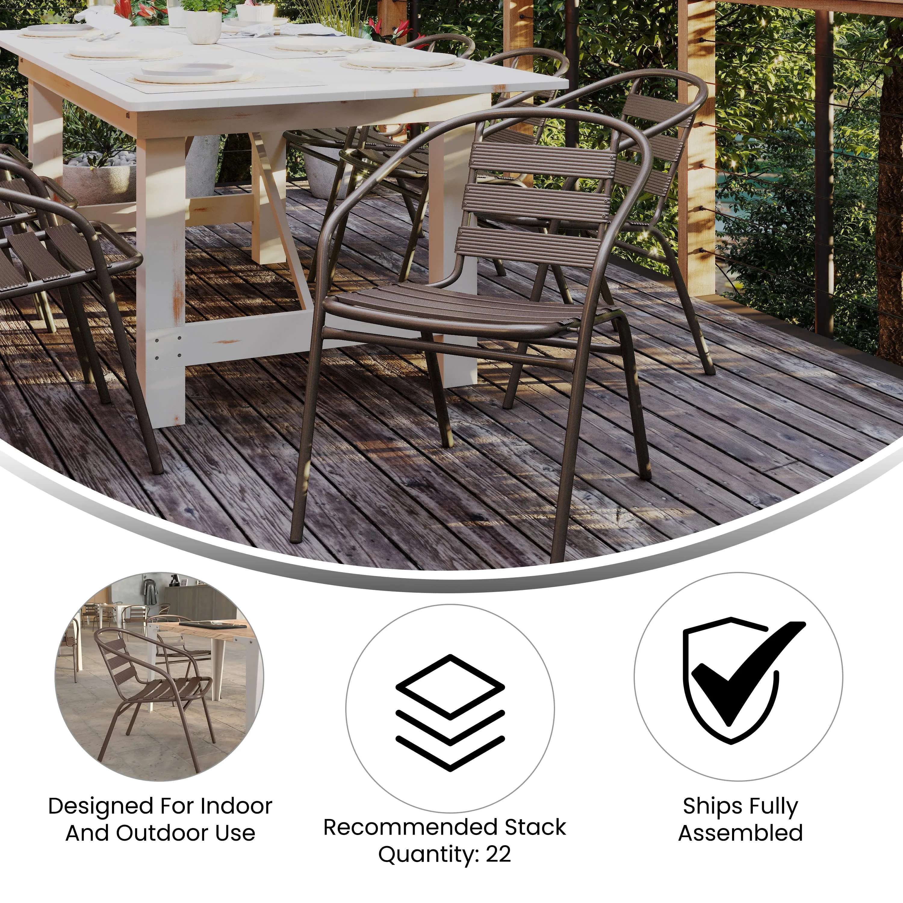 Lila 31.5'' Square Glass Metal Table with 4 Metal Aluminum Slat Stack Chairs
