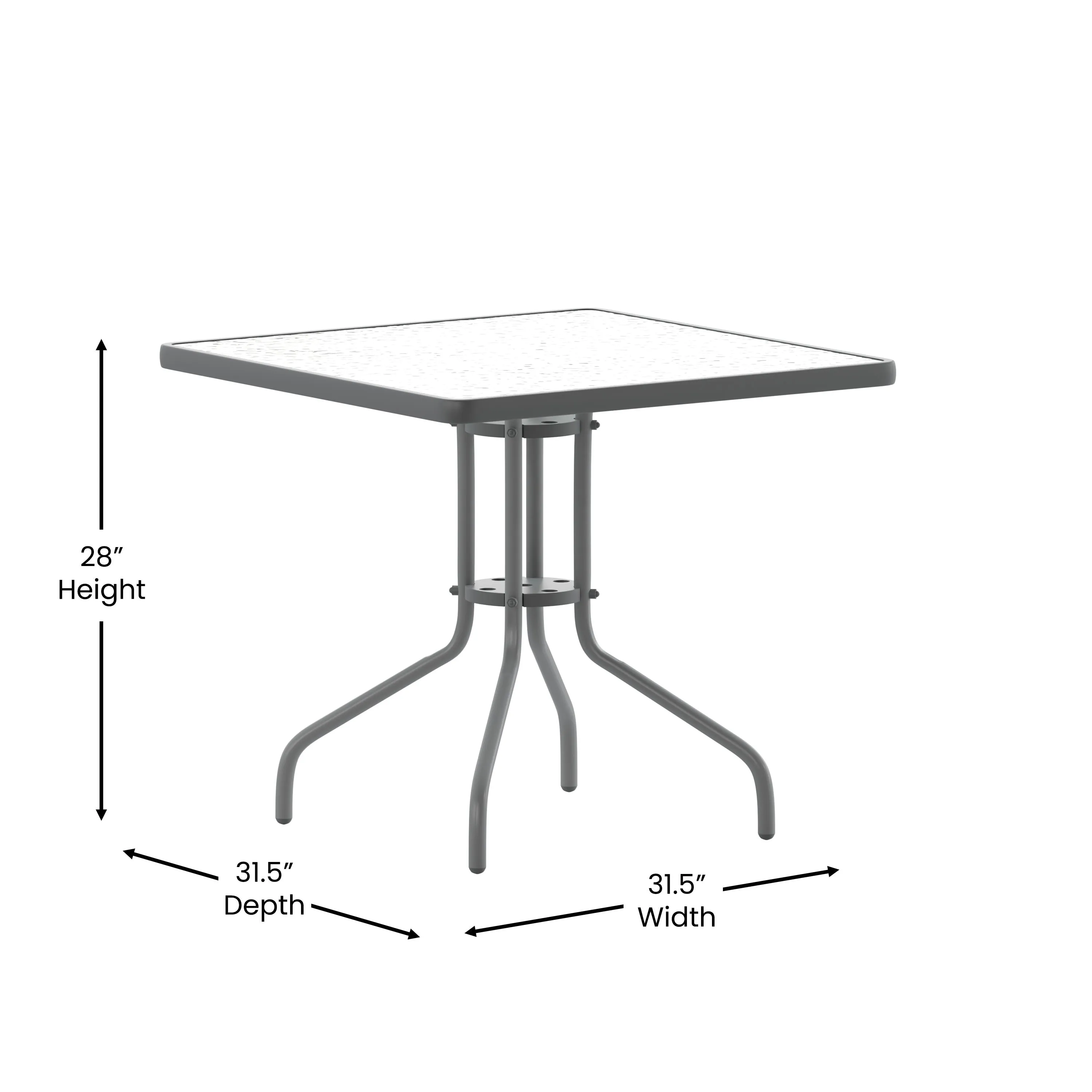 Lila 31.5'' Square Glass Metal Table with 4 Metal Aluminum Slat Stack Chairs