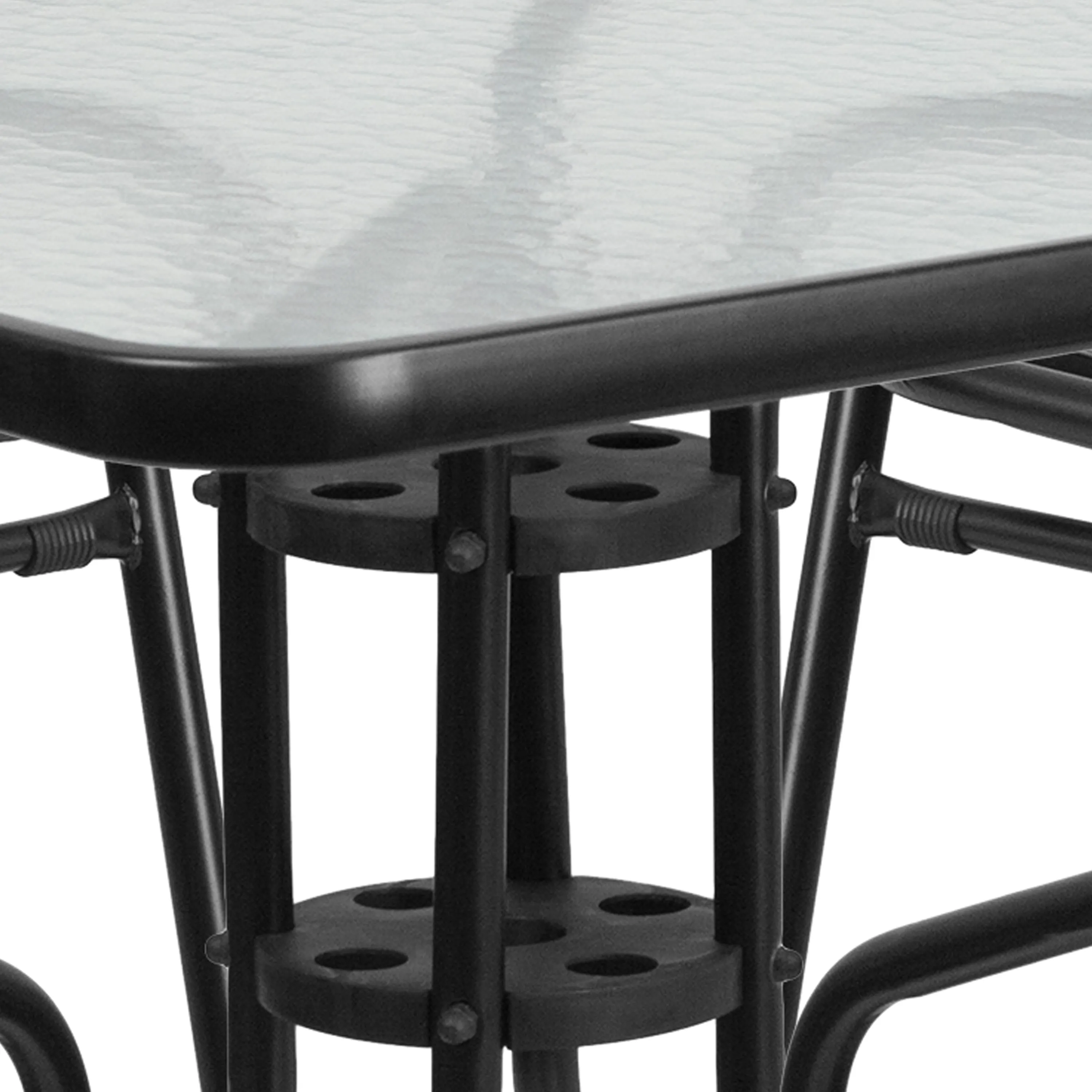 Lila 31.5'' Square Glass Metal Table with 4 Metal Aluminum Slat Stack Chairs