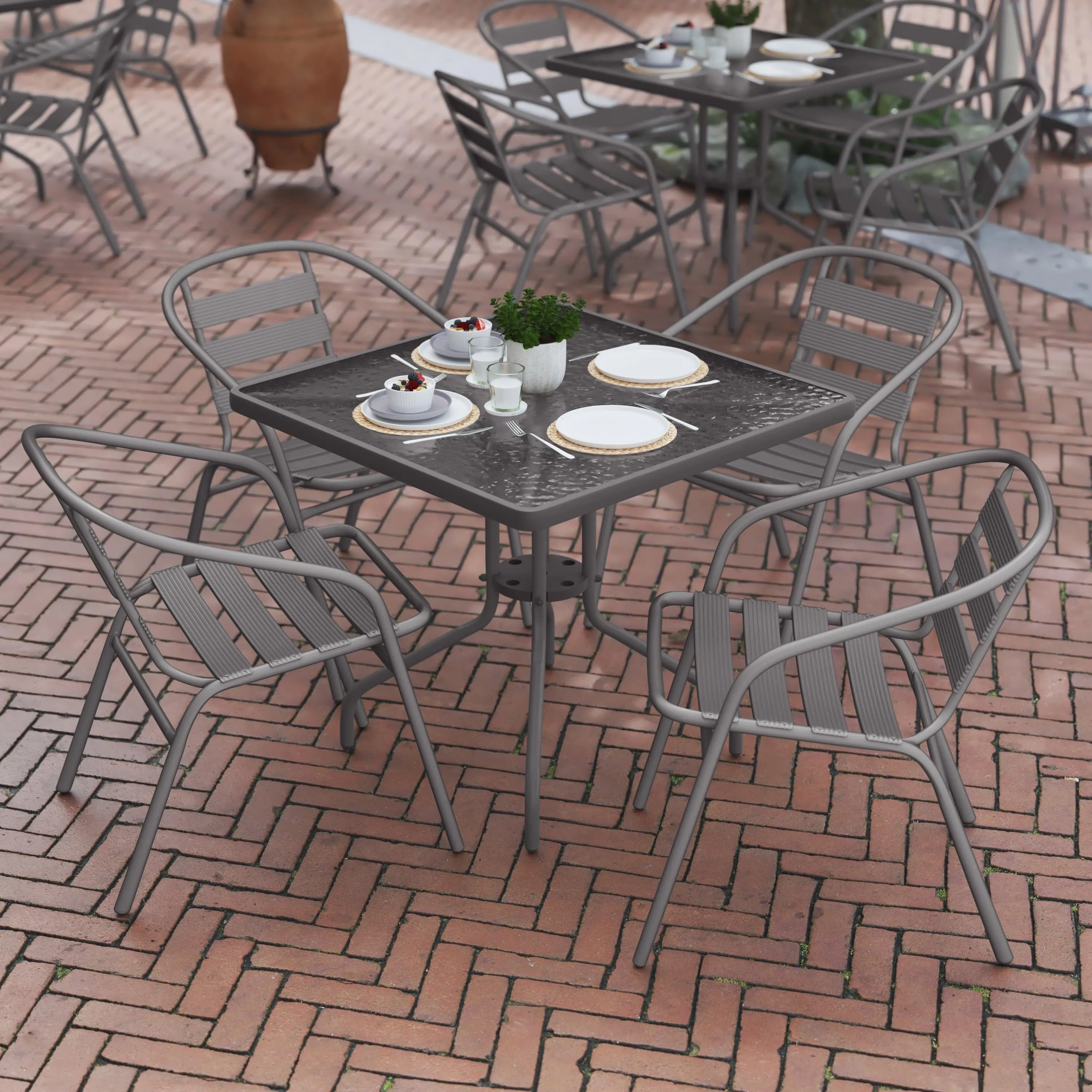 Lila 31.5'' Square Glass Metal Table with 4 Metal Aluminum Slat Stack Chairs