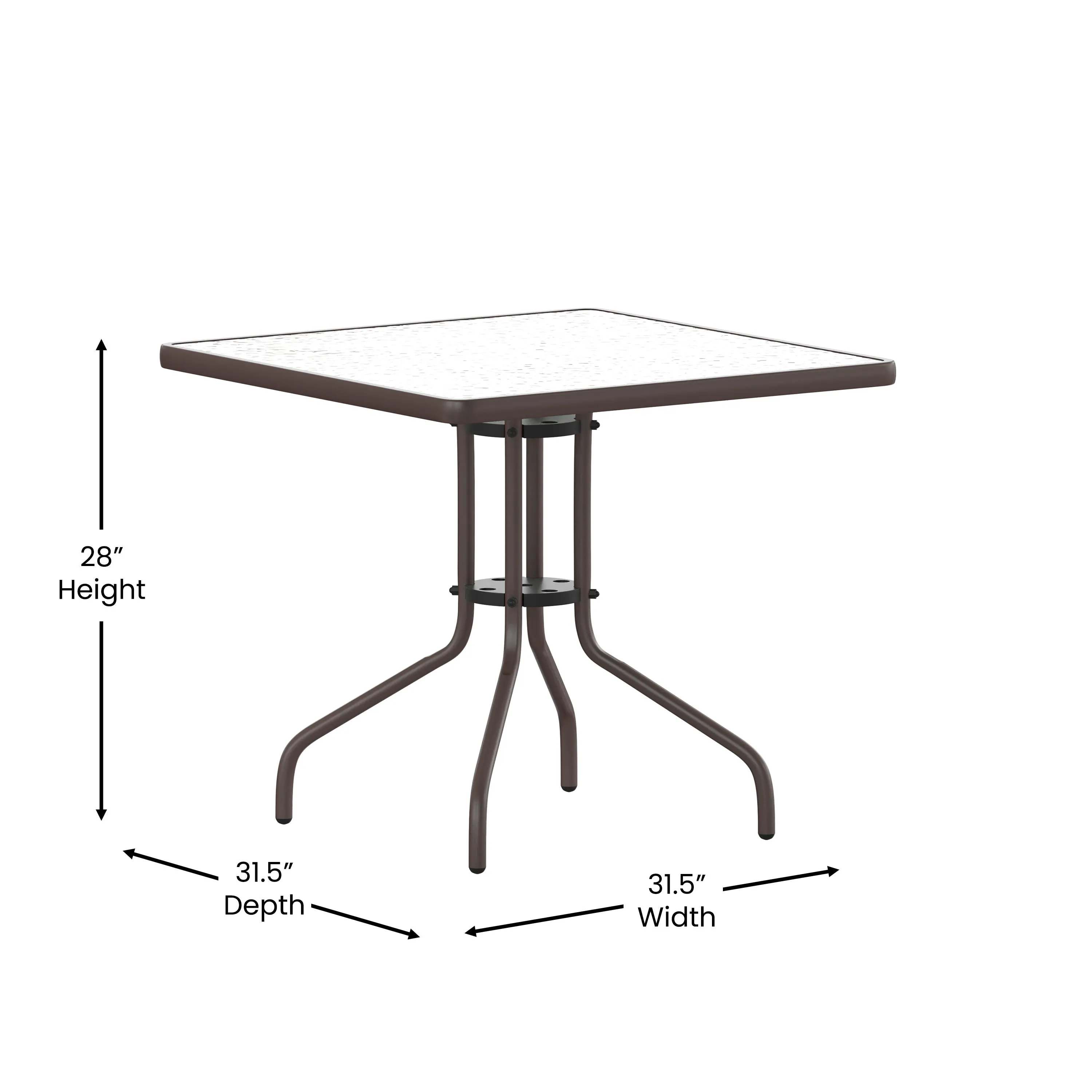 Lila 31.5'' Square Glass Metal Table with 4 Metal Aluminum Slat Stack Chairs