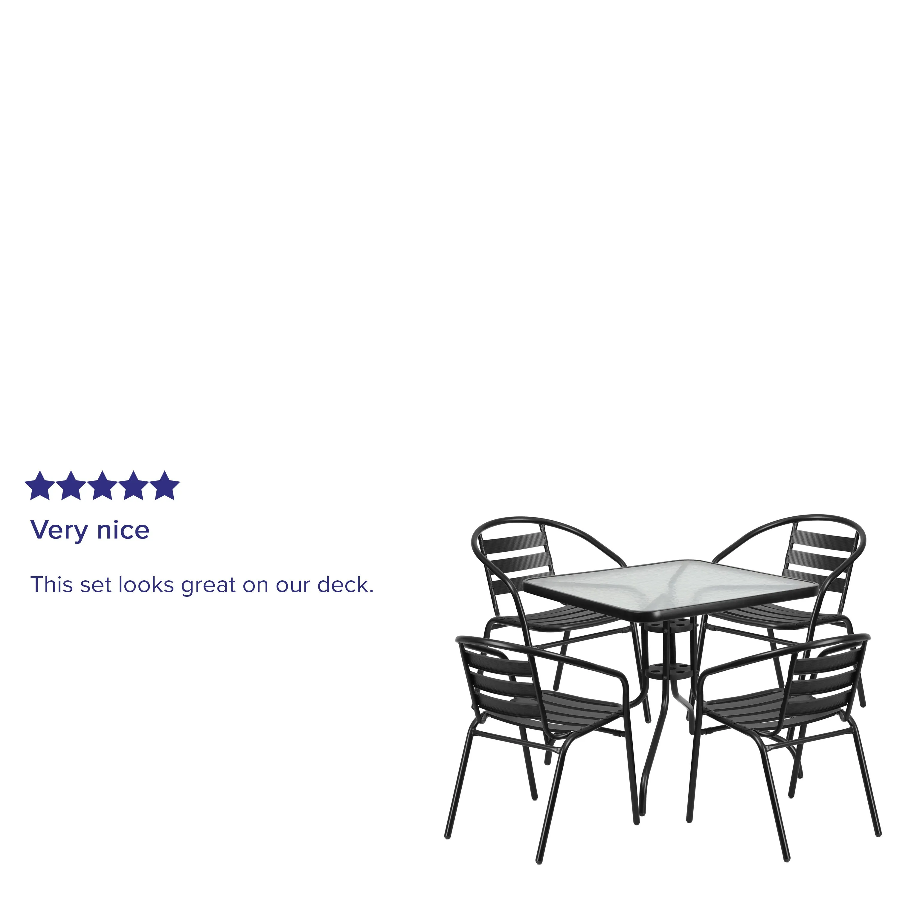 Lila 31.5'' Square Glass Metal Table with 4 Metal Aluminum Slat Stack Chairs