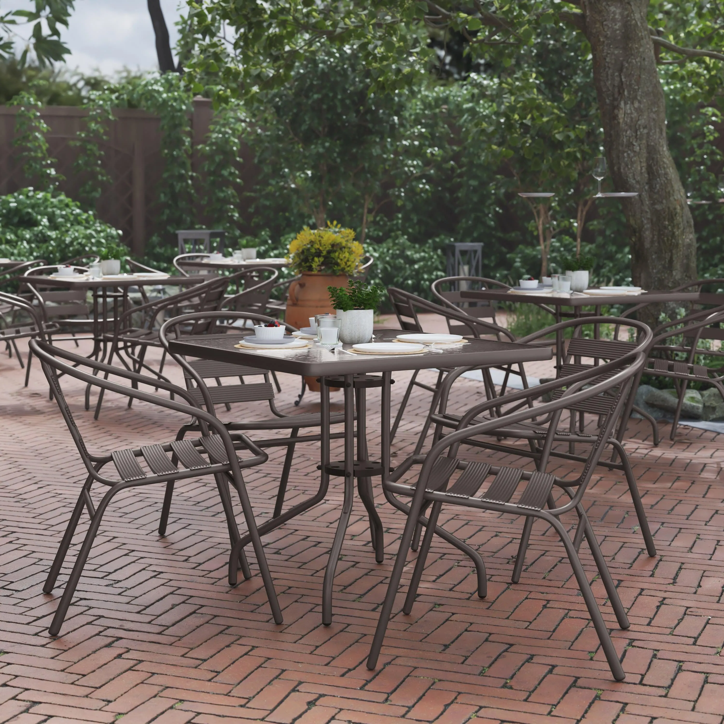 Lila 31.5'' Square Glass Metal Table with 4 Metal Aluminum Slat Stack Chairs