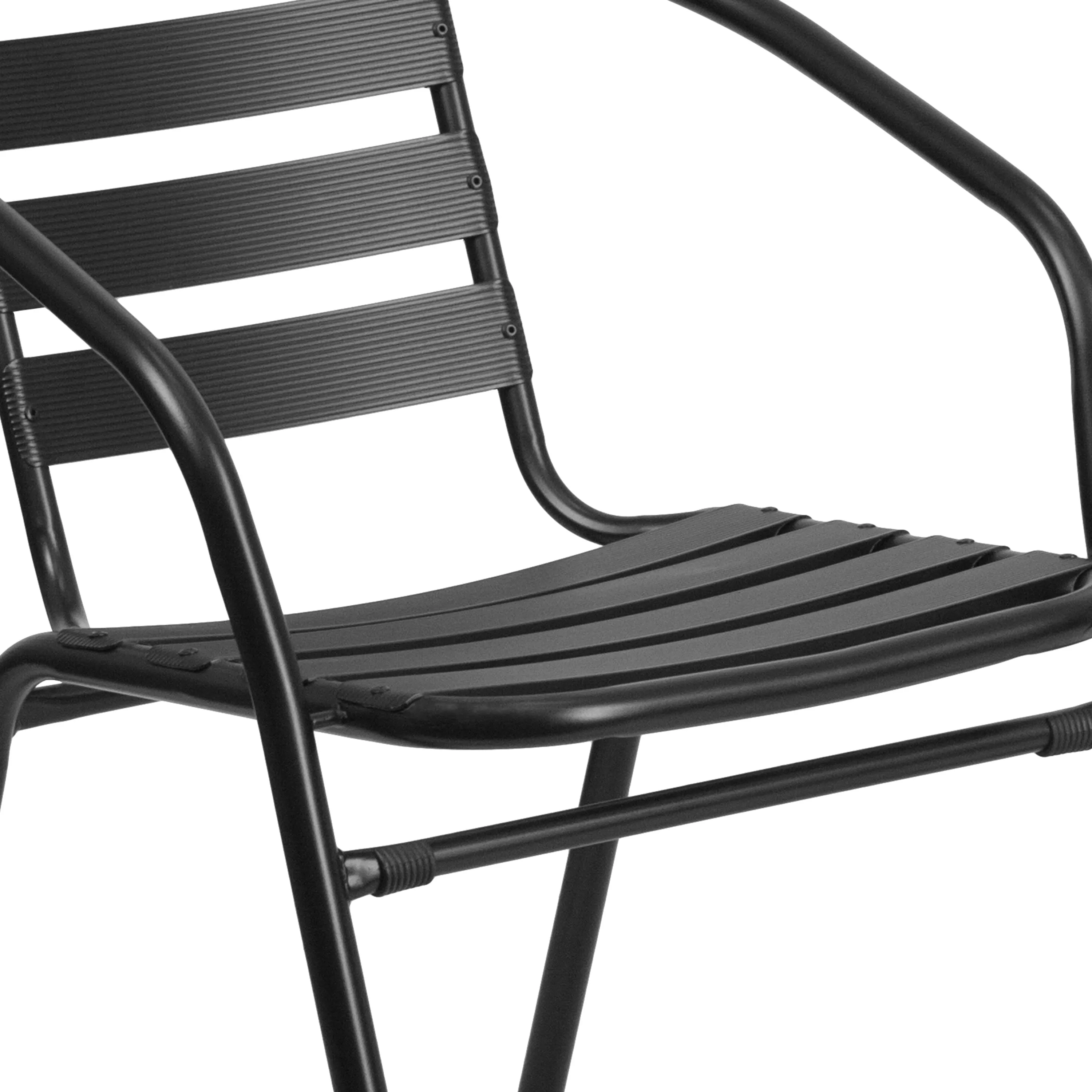 Lila 31.5'' Square Glass Metal Table with 4 Metal Aluminum Slat Stack Chairs