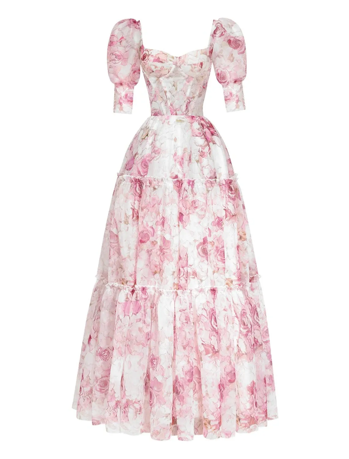 Luolandi A-Line Evening Gown Corsets Dress Wedding Reception Floor Length Short Sleeve Scoop Neck Royal Style Organza with Floral