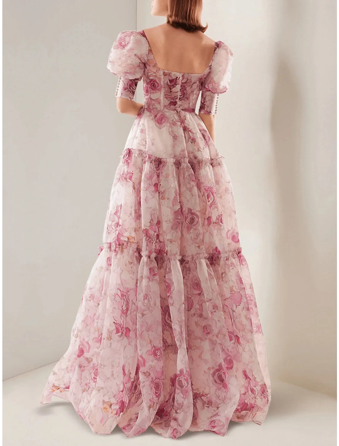 Luolandi A-Line Evening Gown Corsets Dress Wedding Reception Floor Length Short Sleeve Scoop Neck Royal Style Organza with Floral