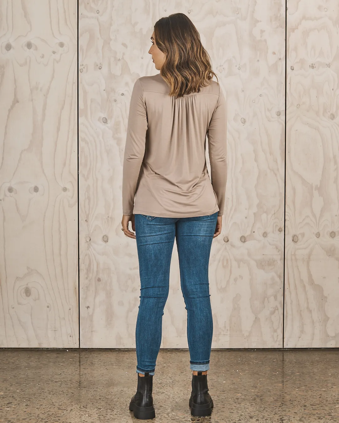 Maternity Long Sleeve Petal Front Nursing Top - Beige