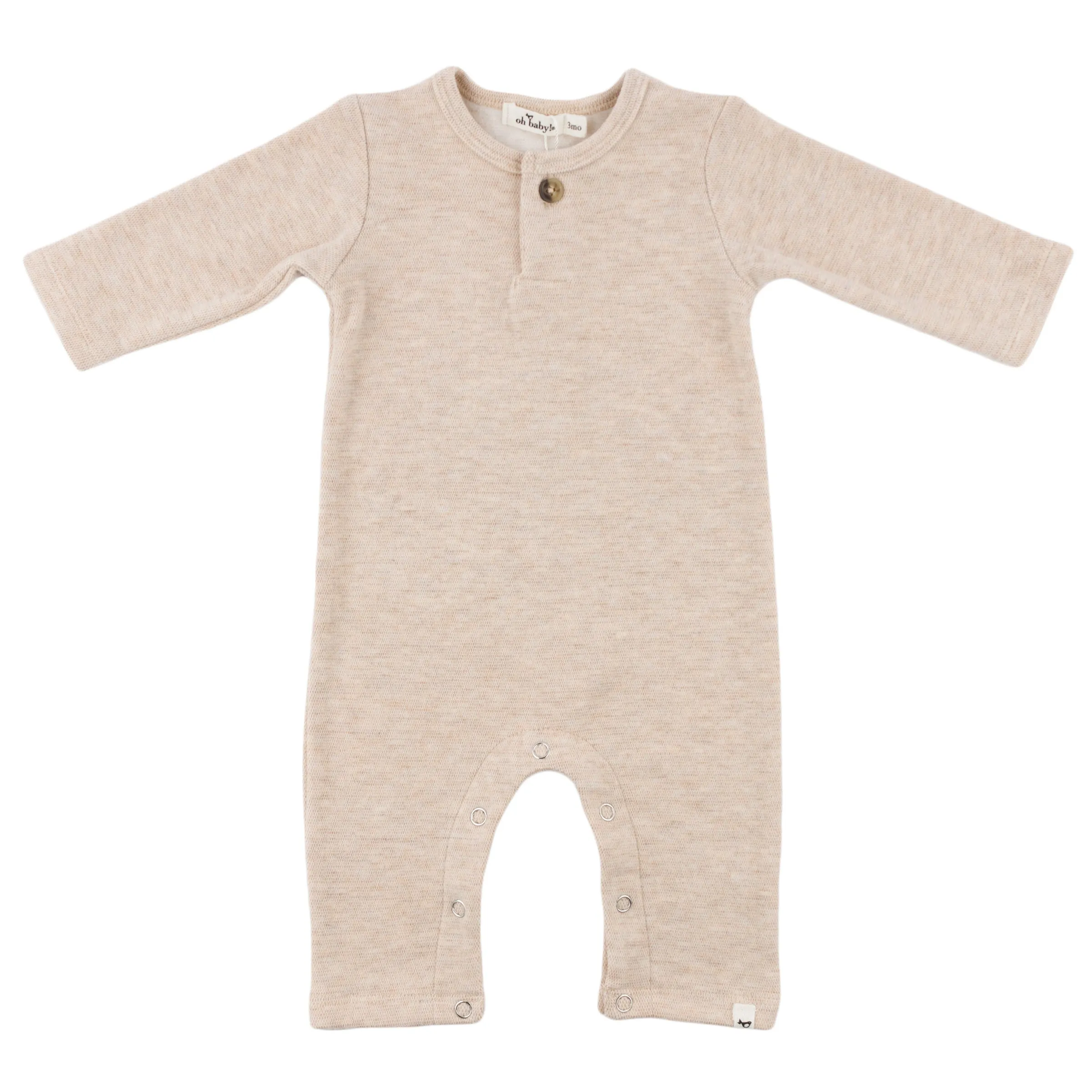 oh baby! Mini Honeycomb One Button Long Sleeve Romper - Sand