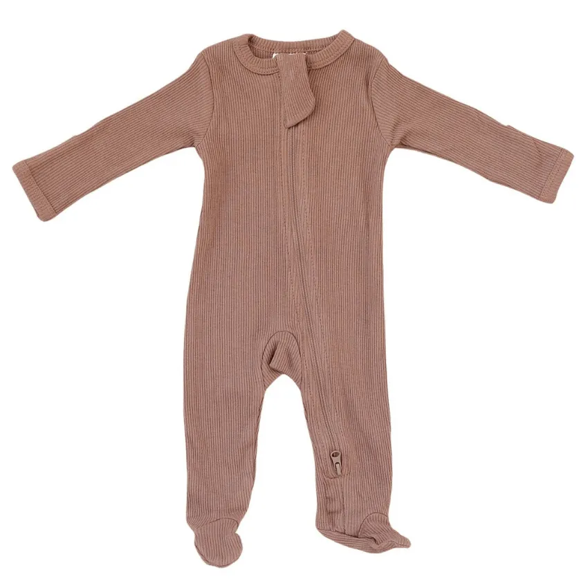 organic cotton ribbed footed one-piece zipper, dusty rose