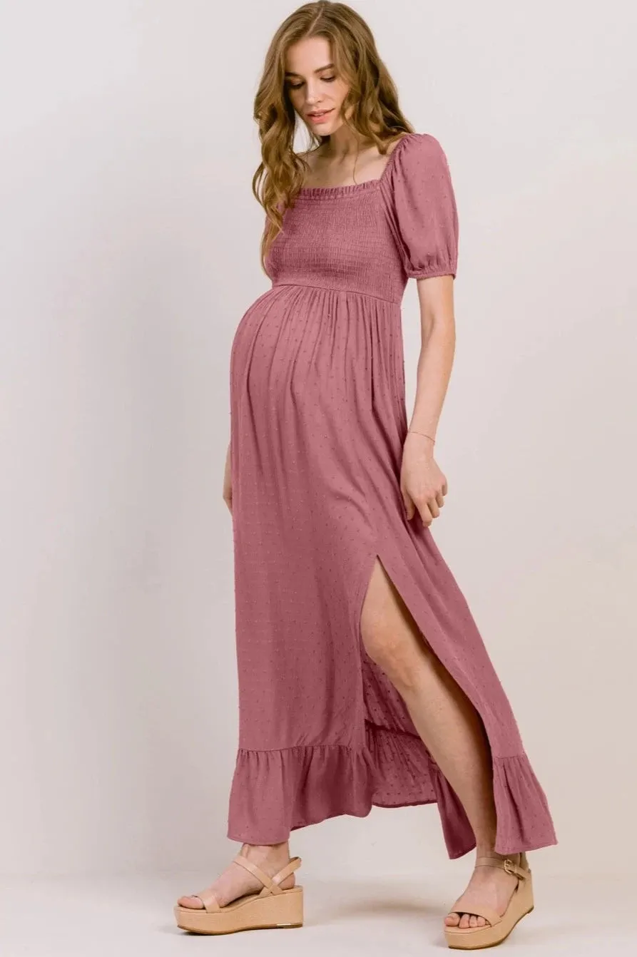 Smocked Swiss Dot Maternity Slit Maxi Dress