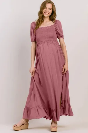 Smocked Swiss Dot Maternity Slit Maxi Dress