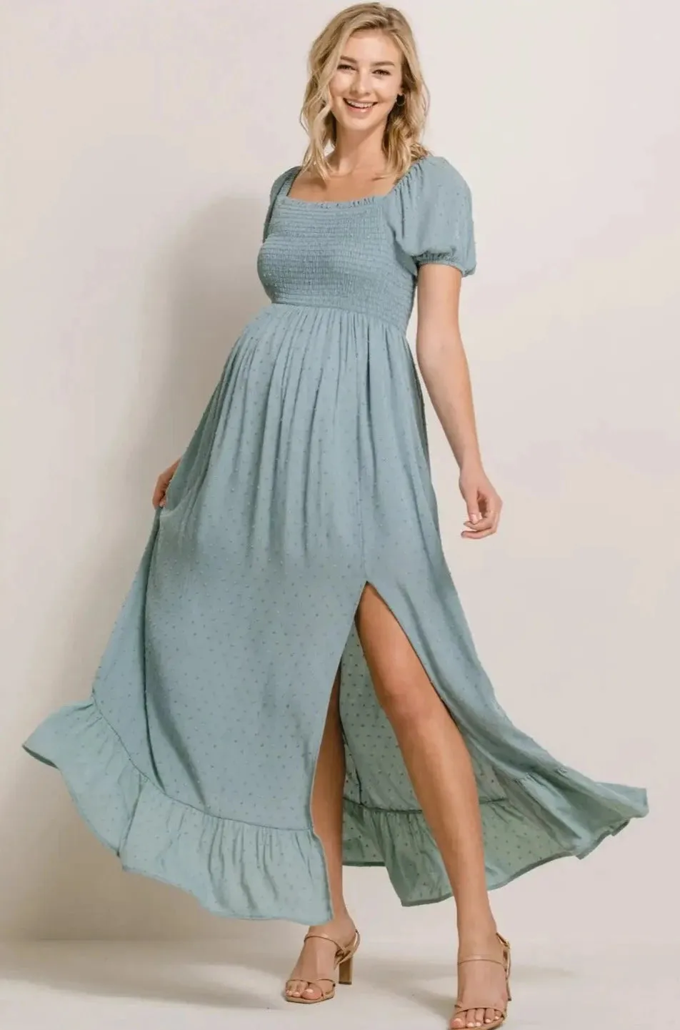 Smocked Swiss Dot Maternity Slit Maxi Dress