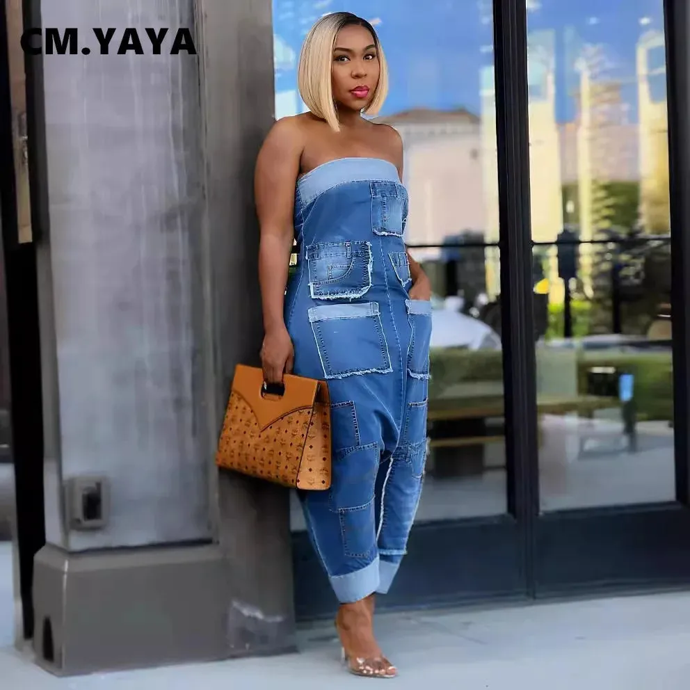 Women Strapless Sleeveless Pockets Cargo Wide Leg Denim Jumpsuits 2024 Washed Oufits Street One Piece Loose Rompers