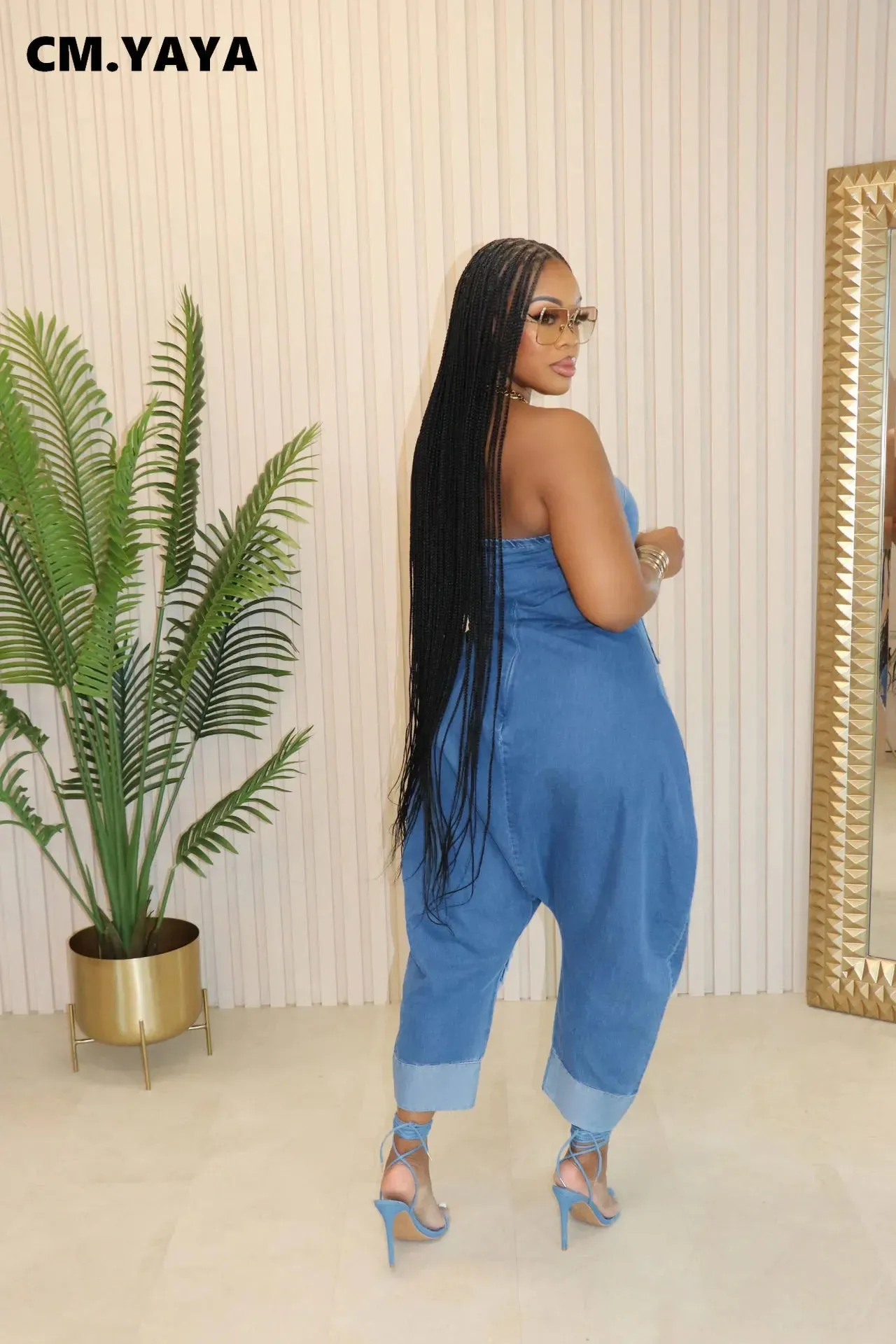 Women Strapless Sleeveless Pockets Cargo Wide Leg Denim Jumpsuits 2024 Washed Oufits Street One Piece Loose Rompers