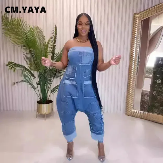 Women Strapless Sleeveless Pockets Cargo Wide Leg Denim Jumpsuits 2024 Washed Oufits Street One Piece Loose Rompers