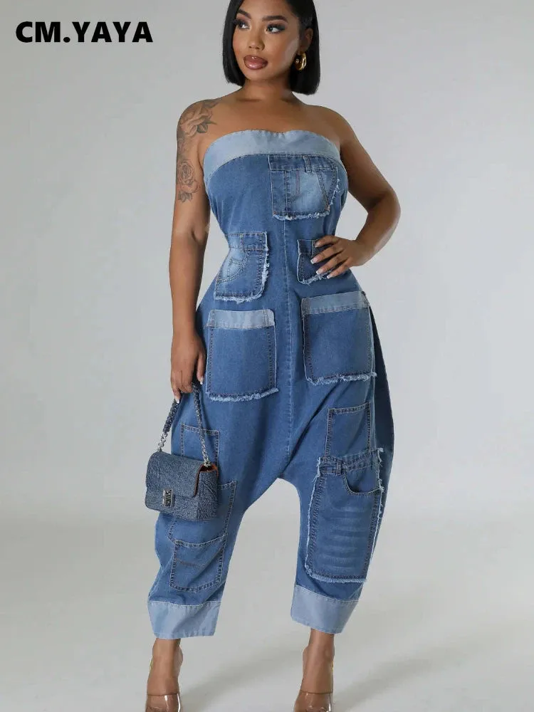 Women Strapless Sleeveless Pockets Cargo Wide Leg Denim Jumpsuits 2024 Washed Oufits Street One Piece Loose Rompers