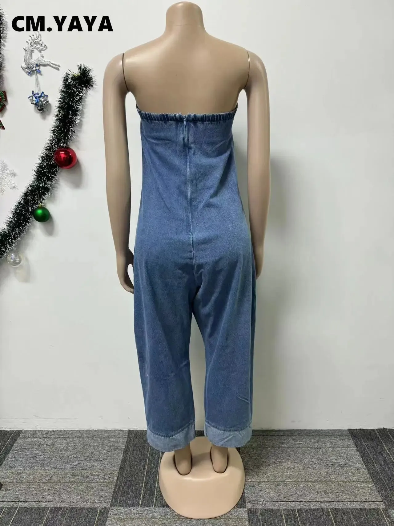 Women Strapless Sleeveless Pockets Cargo Wide Leg Denim Jumpsuits 2024 Washed Oufits Street One Piece Loose Rompers
