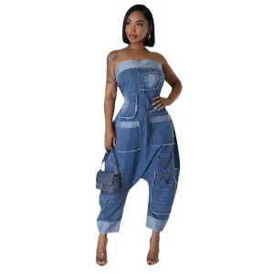 Women Strapless Sleeveless Pockets Cargo Wide Leg Denim Jumpsuits 2024 Washed Oufits Street One Piece Loose Rompers