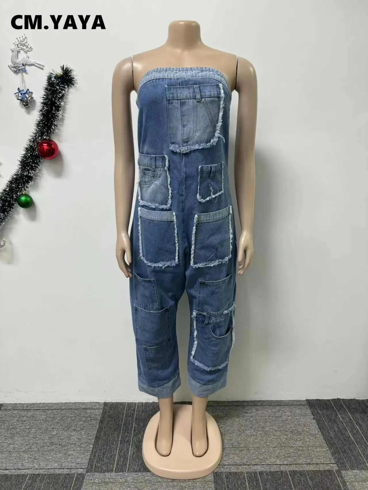Women Strapless Sleeveless Pockets Cargo Wide Leg Denim Jumpsuits 2024 Washed Oufits Street One Piece Loose Rompers
