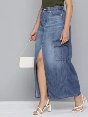 Women's Mid Rise Blue Solid Skirt